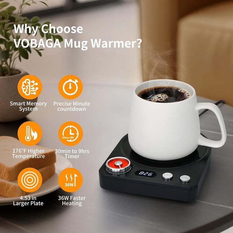 Vobaga Coffee Mug Warmer(No Mug) with Smart Memory System & 9-Temperature Setting, Coffee Cup Warmer with Customize Timer & Precise Minute Timing, Suitable for Work, Reading, Sleeping - Image 2